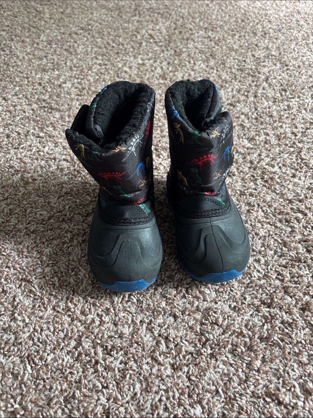 Boys Black Winter Snow Boots with Multicolor Dinosaur Print